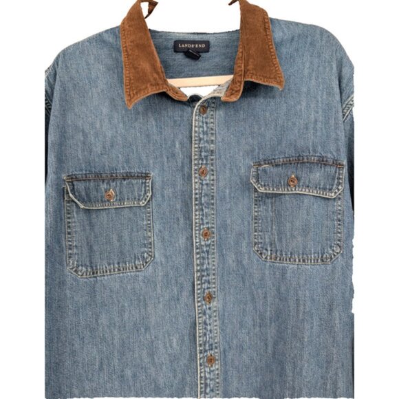 VTG Lands End Womens Blue Denim Chore Barn Shirt Corduroy Collar XXL Tall - Picture 5 of 11
